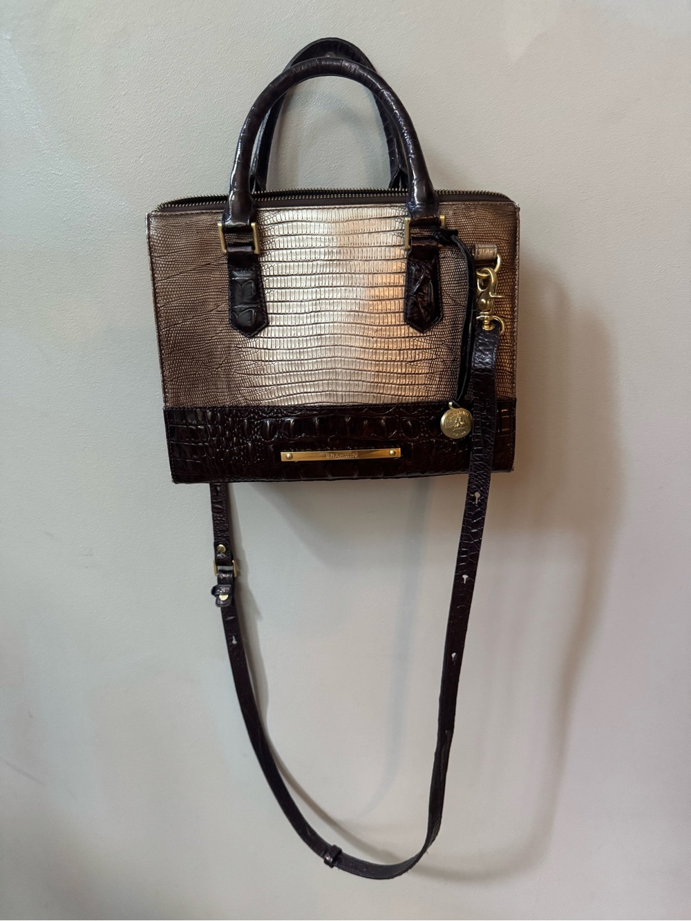 Brahmin Metallic Gold and Dark Brown Croc-Texture Satchel